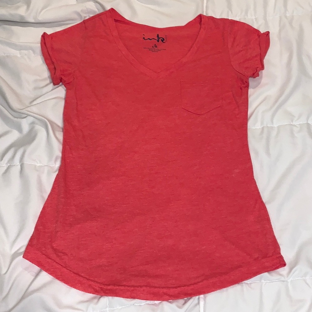 INK Coral/Orange V-Neck T-Shirt with Rolled Sleeves – Size Medium